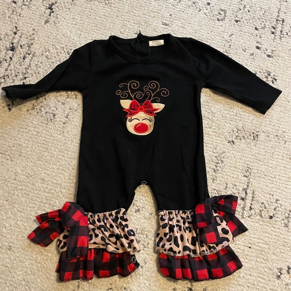 Other - Boutique Christmas Romper baby girl size 0-3 months black plaid leopard reindeer